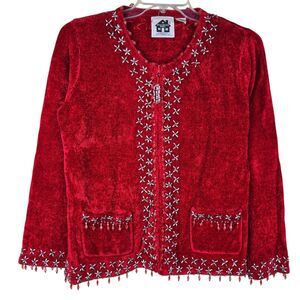 Storybook Knits Glitzy Holiday Red Bead Zip Long Sleeve Cardigan Sweater Sz M
